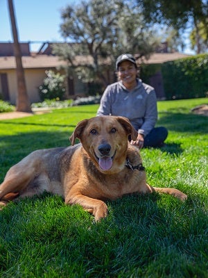 Brown dog lying in grass with woman wearing gray jacket and baseball cap sitting behind