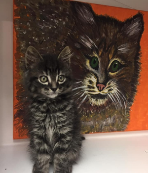Tabby cat sitting in front of painting of it