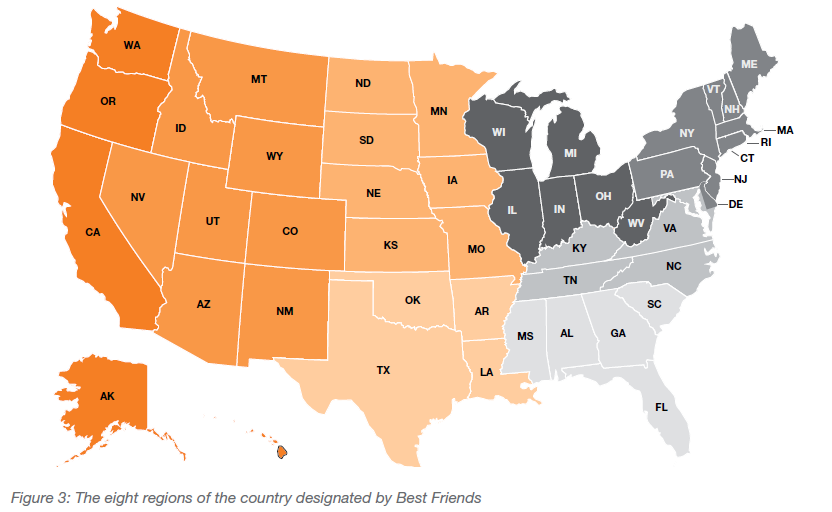 The eight regions of the country designated by Best Friends 