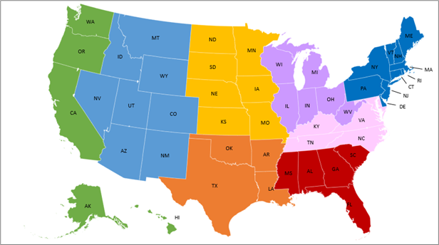 Map of U.S. showing eight BF regions