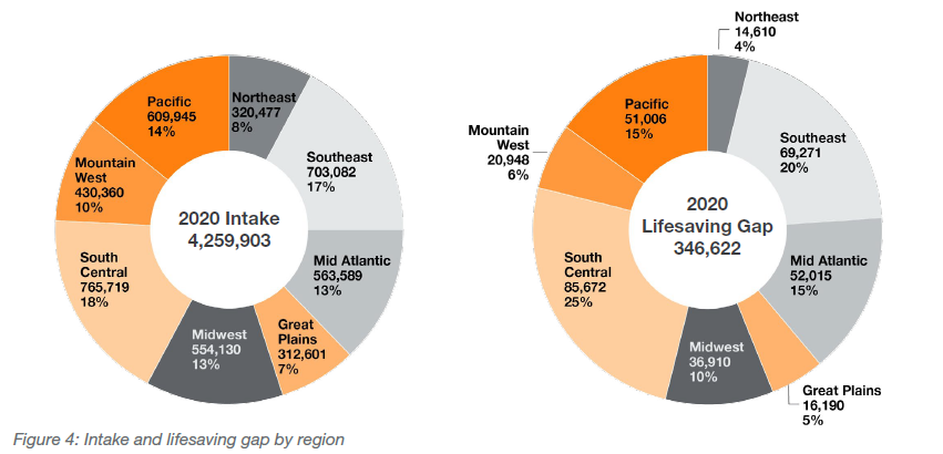 Intake and lifesaving gap by region