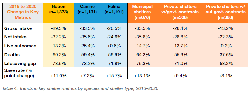 Trends in key shelter metrics by species and shelter type, 2016-2020