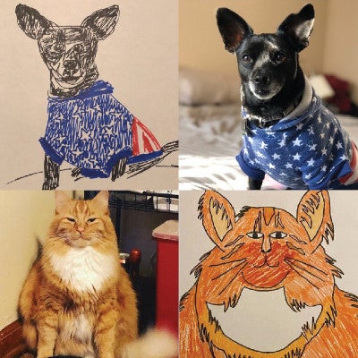 Two examples of poorly drawn pets from a recent fundraiser