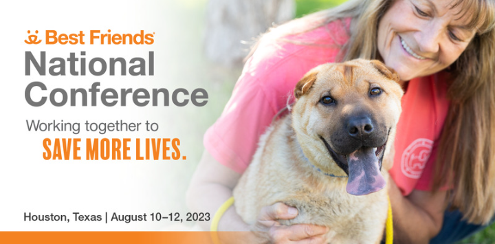 a woman and a dog on a graphic showing details of the 2023 Best Friends National Conference