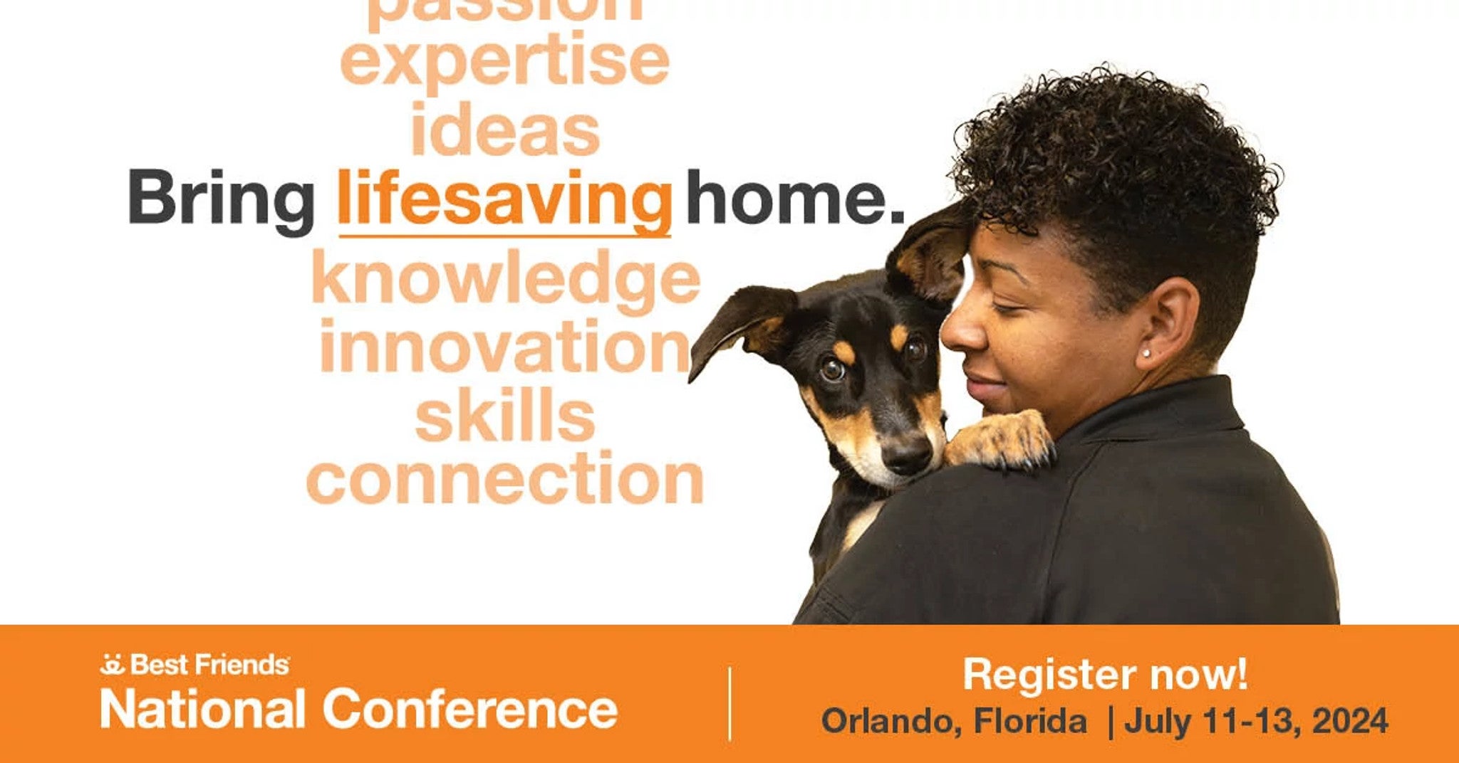 woman holding a dog on a graphic showing details for the 2024 Best Friends National Conference
