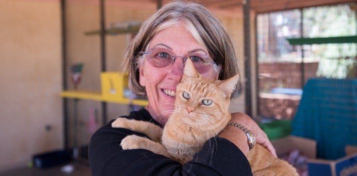 Woman in black shirt holding orange cat
