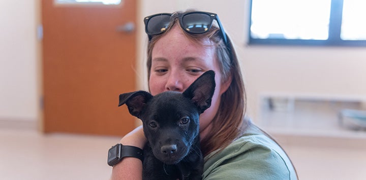 Woman with sunglasses on her head holding a small black puppy