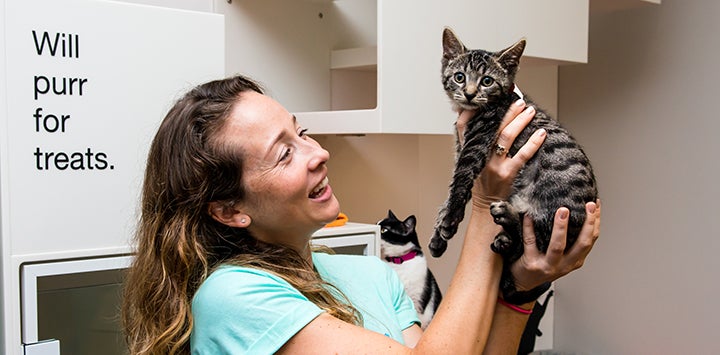 Dr. Bliss holding Linus the kitten
