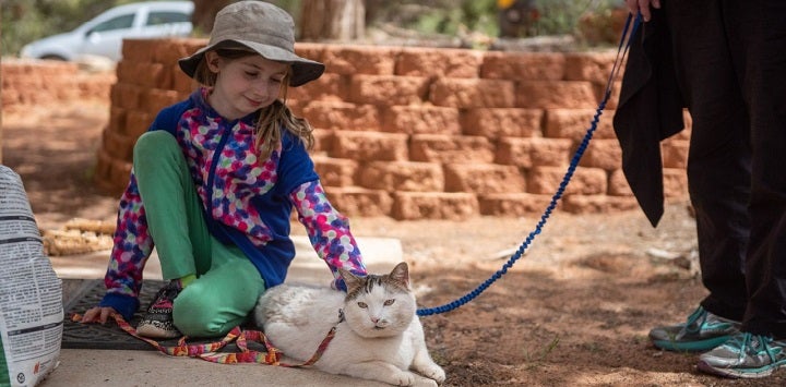 Girl in tan hat sitting with white cat on leash outside
