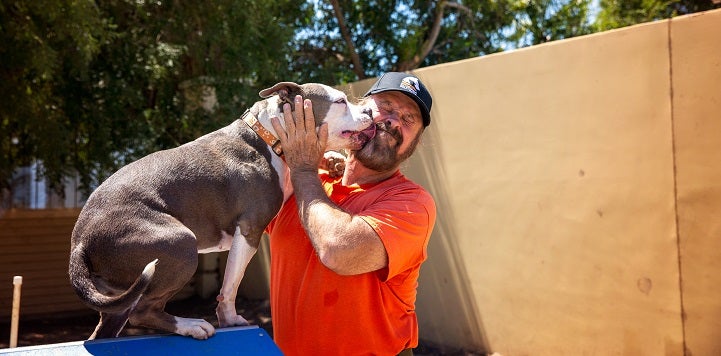 Man in baseball cap wearing orange shirt being licked on the face by gray dog on ramp