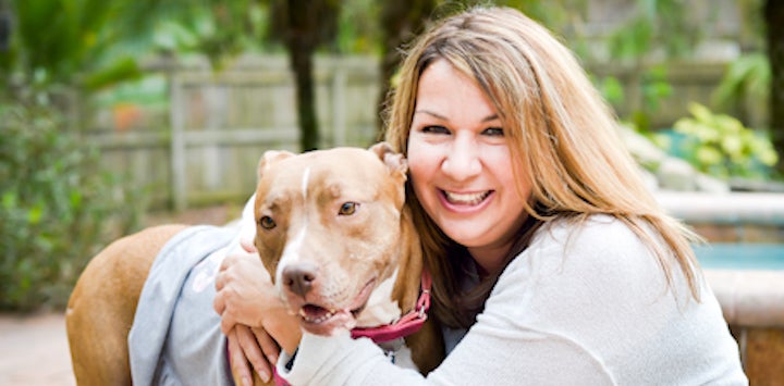 Tan pit bull standing next to sitting woman in gray top